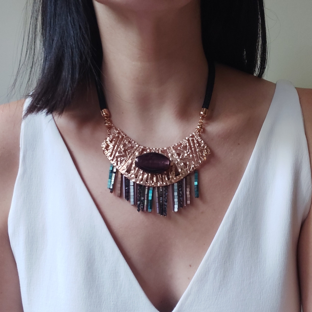 Ethnic metal beads and stone necklace | Bohemian necklace